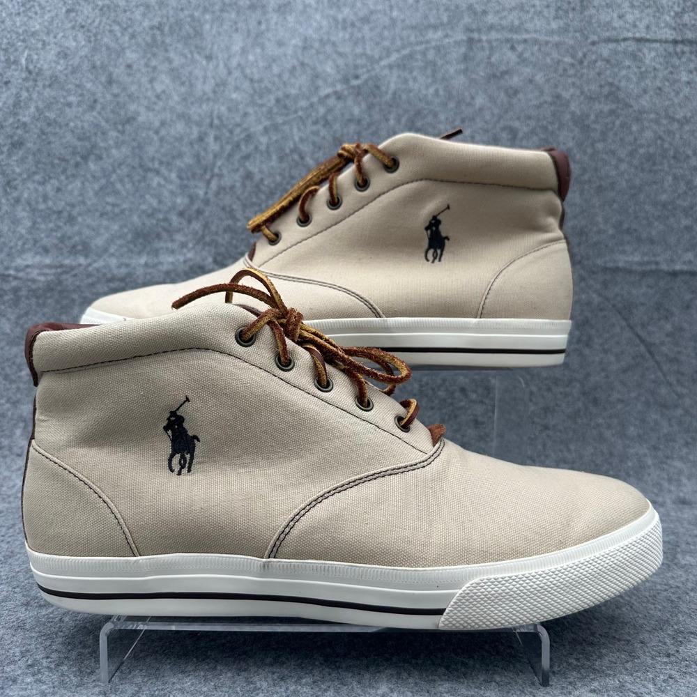 Polo Ralph Lauren Shoes Mens 13D Khaki Tan Zale Canvas Mid Top Leather Sneakers